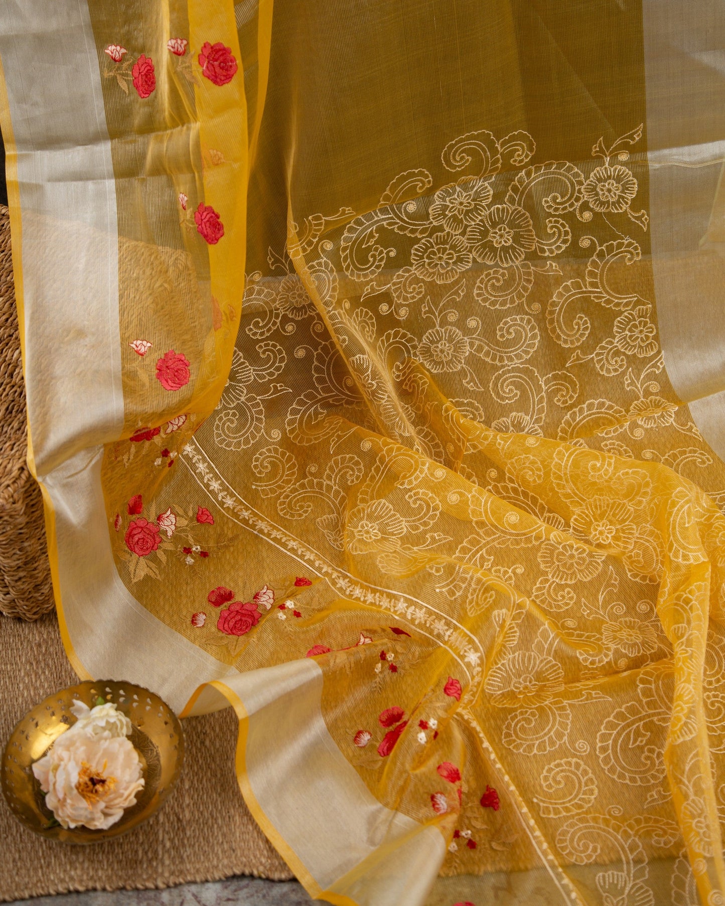 Tissue Linen Mustard With Red Sunshine Saree With Stitched Blouse In Size 38-44 mayukhasarees