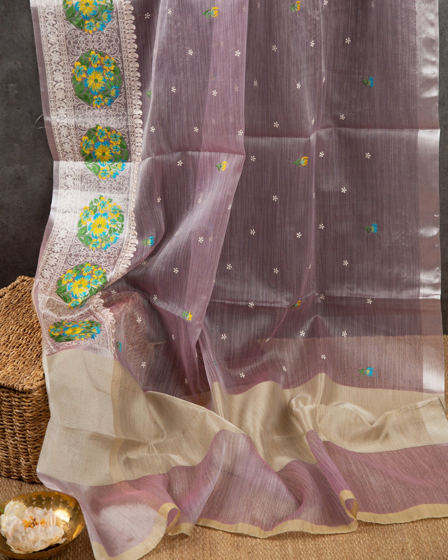 Tissue Linen With Machine Embroidery Lavender With Mauve Lovely Lavender Saree With Stitched Blouse In Size 38-44 mayukhasarees