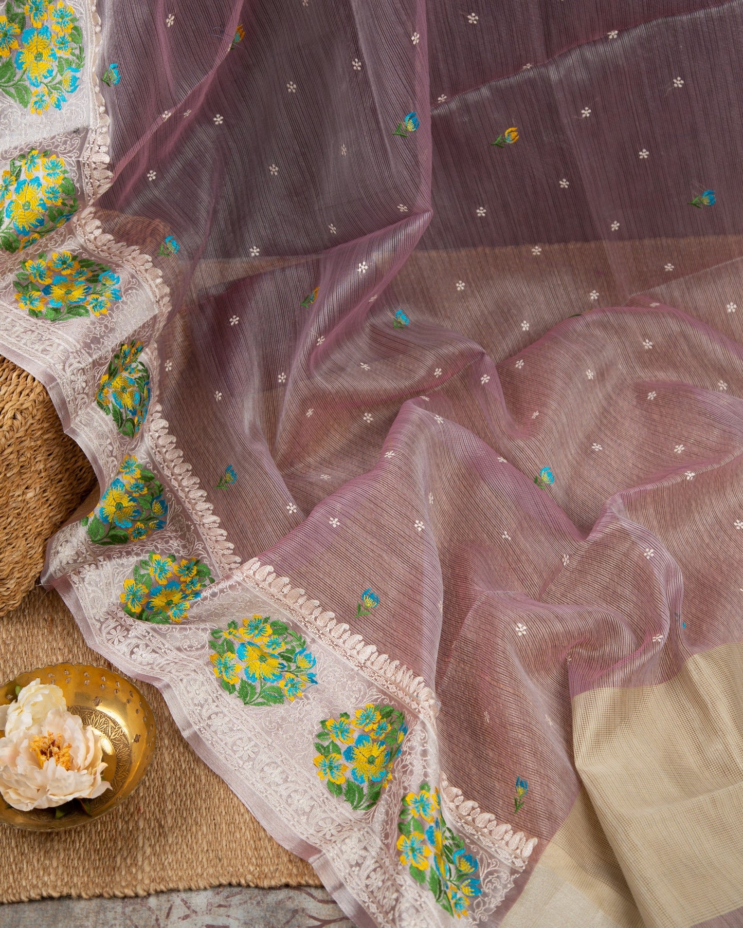 Tissue Linen With Machine Embroidery Lavender With Mauve Lovely Lavender Saree With Stitched Blouse In Size 38-44 mayukhasarees