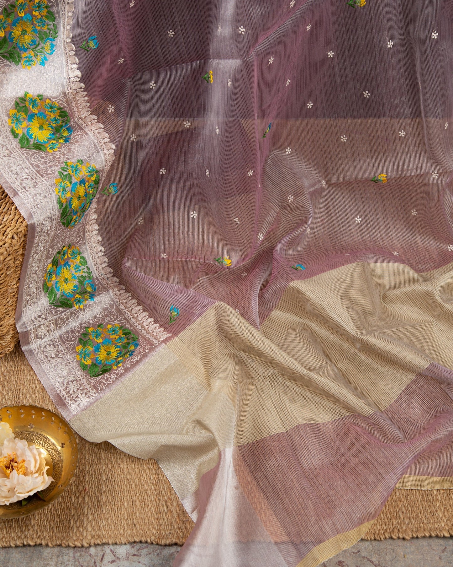 Tissue Linen With Machine Embroidery Lavender With Mauve Lovely Lavender Saree With Stitched Blouse In Size 38-44 mayukhasarees