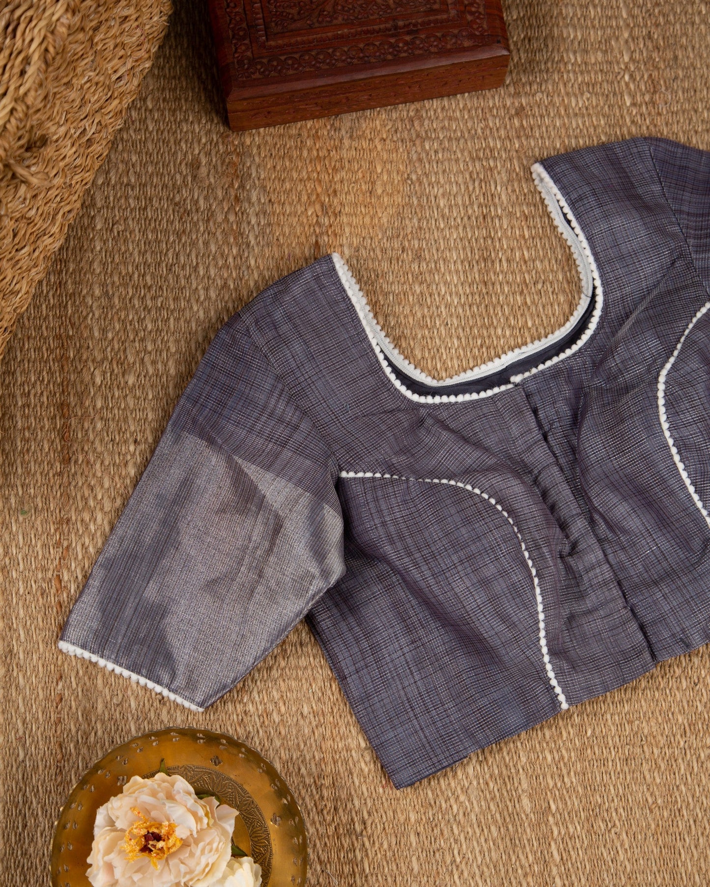 Tissue Linen With Machine Embroidery Teal & Gray Ocean Echos Saree With Stitched Blouse In Size 38-44 mayukhasarees