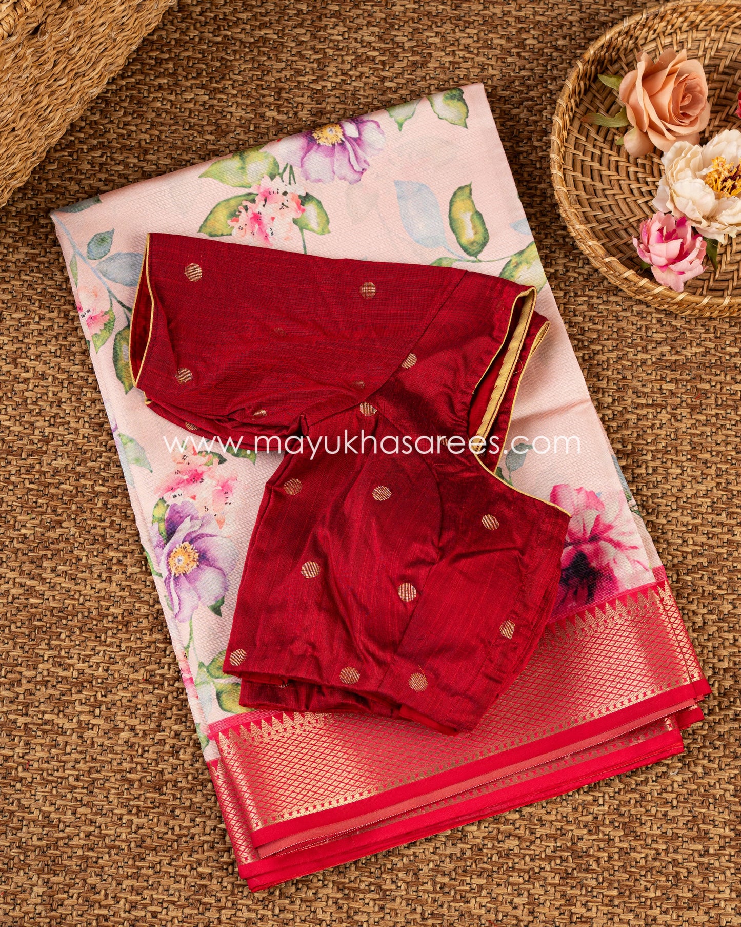 Eternal Blossoms Saree: Tassar Banarasi Blend With Floral Prints, Free Shipping!  And Stitched Blouse In Size 38-44