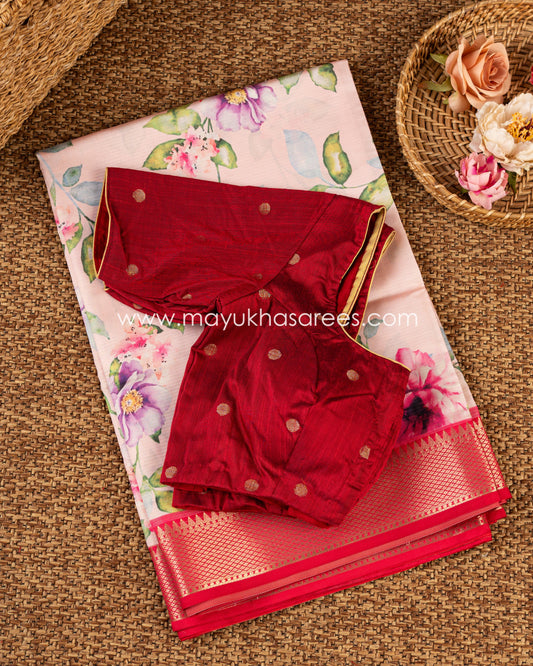 Eternal Blossoms Saree: Tassar Banarasi Blend With Floral Prints, Free Shipping!  And Stitched Blouse In Size 38-44