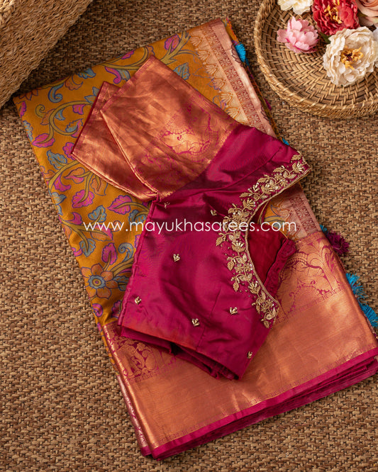 Majestic Heritage: Powerloom Kanchipuram Saree With Kalamkari Prints, Free Shipping  And Stitched Blouse In Size 38-47