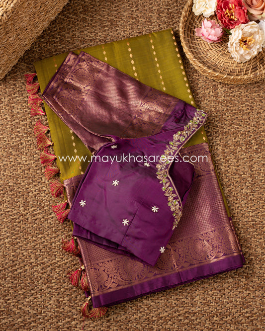 Royal Elegance: Kanchipuram 1000 Butties Saree With Handworked Blouse, Free Shipping!  And Stitched Blouse In Size 38-44