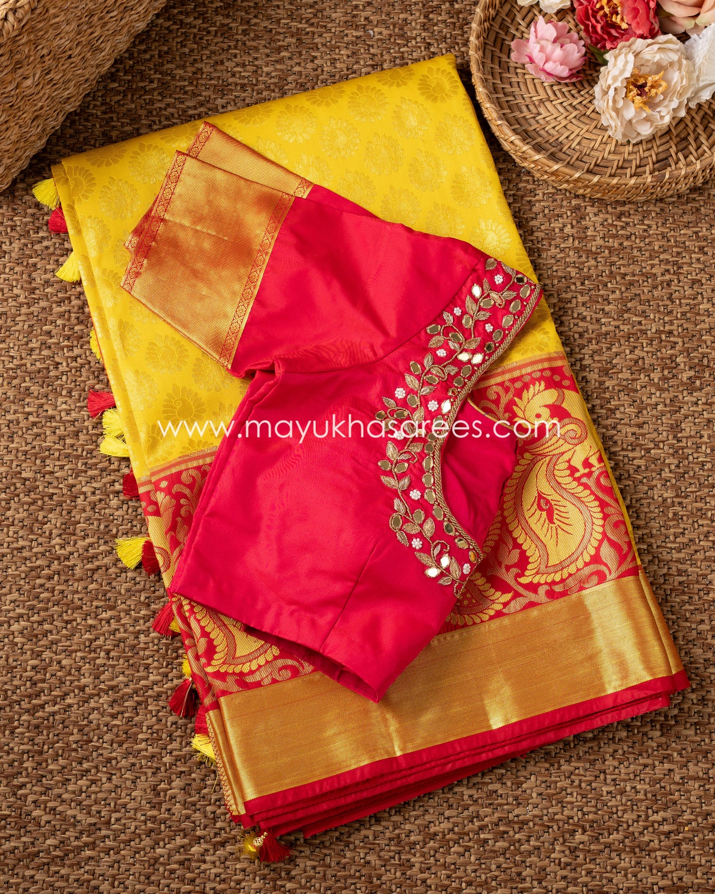 Saffron Dreams: Powerloom Kanchipuram Saree With Brocade Weaving, Free Shipping!  And Stitched Blouse In Size 38-50