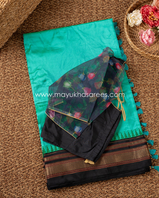 Midnight Bloom: Irkal Pure Silk Saree With Floral Print Blouse, Free Shipping!  And Stitched Blouse In Size 38-51