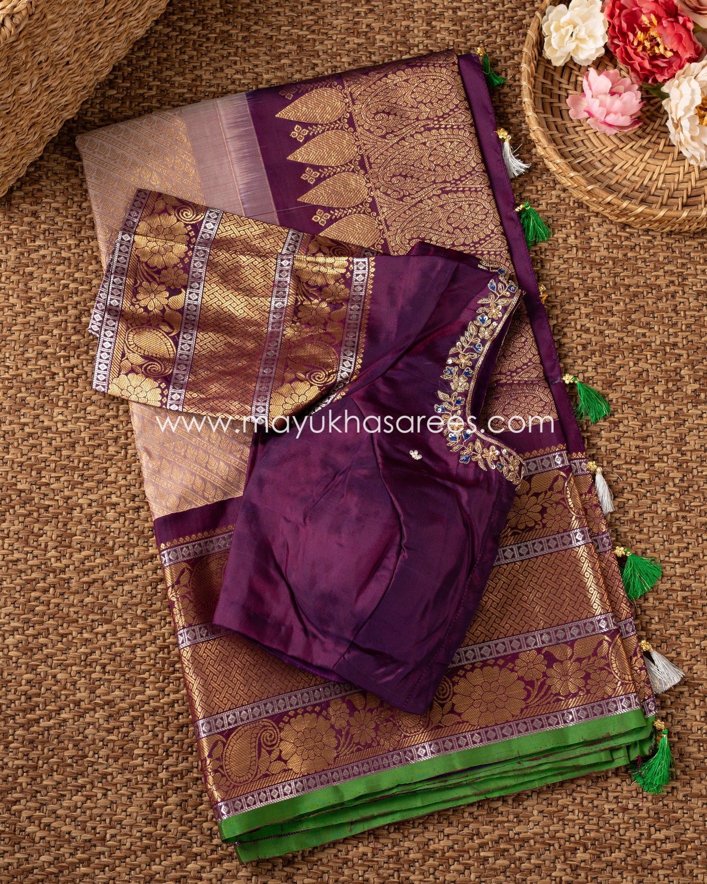 Royal Tapestry: Brocade Gadwal Weaving Saree, Free Shipping!   And Stitched Blouse In Size 38-52