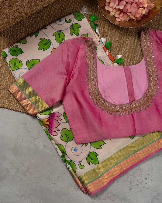 Kalamkari Hand Painted Off white Kanchipuram with double color border | Blouse Size 38-44” | Free Shipping