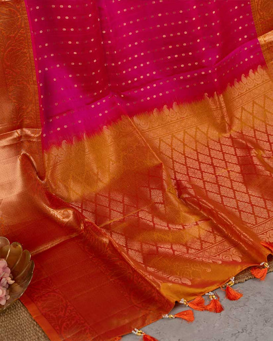 Magenta Pink Kanchipuram Silk Saree with 1000 Butties and Mustard Handwork Blouse | Blouse Size 38-44” | Free Shipping