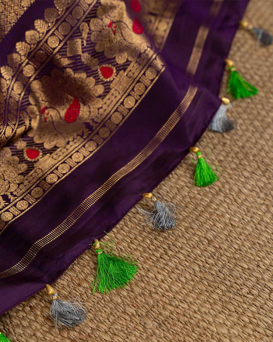 Snuff Brocade Gadwal Silk saree with Purple and Green Salvage Border with Handwork Purple Blouse | Blouse Size 38-44” | Free Shipping