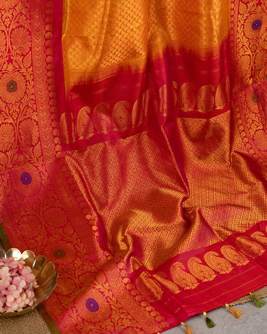 Golden Yellow Brocade Gadwal Silk Saree with Red Handwork Blouse | Blouse Size 38-44” | Free Shipping