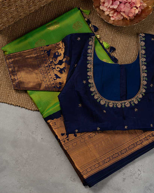 Bright Green Gadwal Silk saree with Elephant Motiff woven borders and Navy Blue  Zardosi Handwork Blouse | Blouse Size 38-44” | Free Shipping