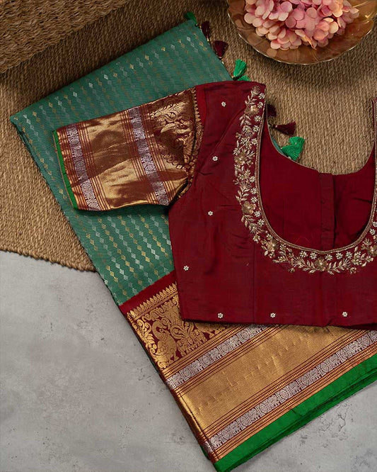 Teal Green Gadwal Brocade Silk saree with Maroon Cutdana Zardosi Handwork Blouse | Blouse Size 38-44” | Free Shipping
