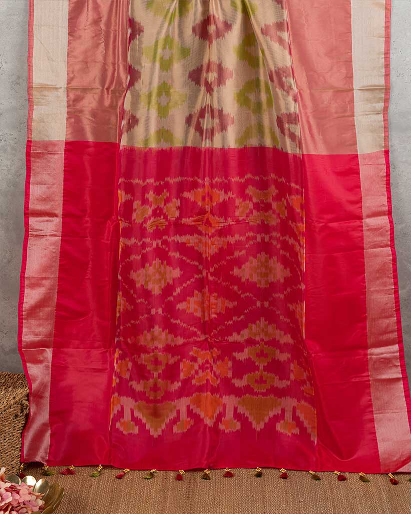Ikkat Printed Silk Saree with Pink Handwork cutdana work Blouse | Blouse Size 38-44” | Free Shipping