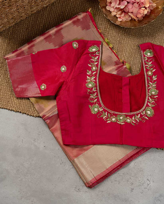 Ikkat Printed Silk Saree with Peach Handwork cutdana work Blouse | Blouse Size 38-44” | Free Shipping