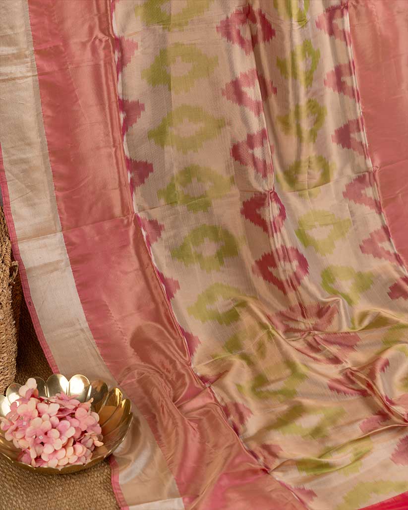 Ikkat Printed Silk Saree with Pink Handwork cutdana work Blouse | Blouse Size 38-44” | Free Shipping