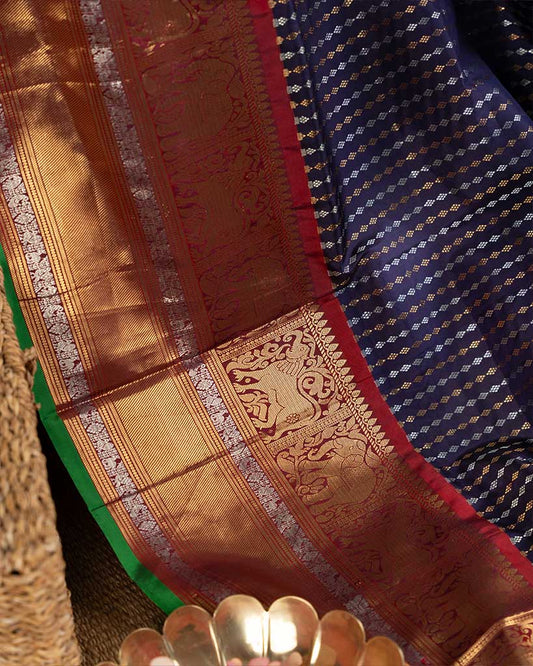 Ink Blue Gadwal Brocade Silk Saree with Maroon Cutdana and Zardosi Embroidered Blouse | Blouse Size 38-44 | Free Shipping