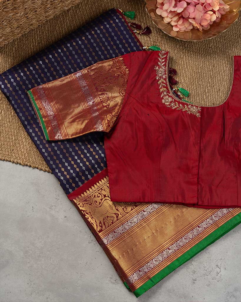Ink Blue Gadwal Brocade Silk Saree with Maroon Cutdana and Zardosi Embroidered Blouse | Blouse Size 38-44 | Free Shipping