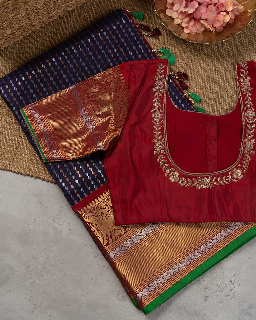 Ink Blue Gadwal Brocade Silk Saree with Maroon Cutdana and Zardosi Embroidered Blouse | Blouse Size 38-44 | Free Shipping
