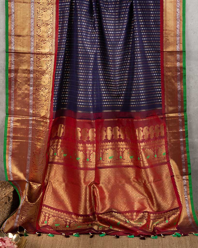 Ink Blue Gadwal Brocade Silk Saree with Maroon Cutdana and Zardosi Embroidered Blouse | Blouse Size 38-44 | Free Shipping