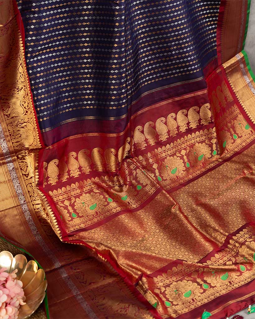 Ink Blue Gadwal Brocade Silk Saree with Maroon Cutdana and Zardosi Embroidered Blouse | Blouse Size 38-44 | Free Shipping