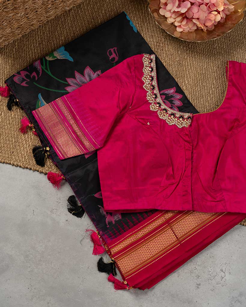Pichwai Printed Black Irkal Silk Saree with PinkBorders and Pearl Embroidered Pink Blouse | Blouse Size 38-44 | Free Shipping