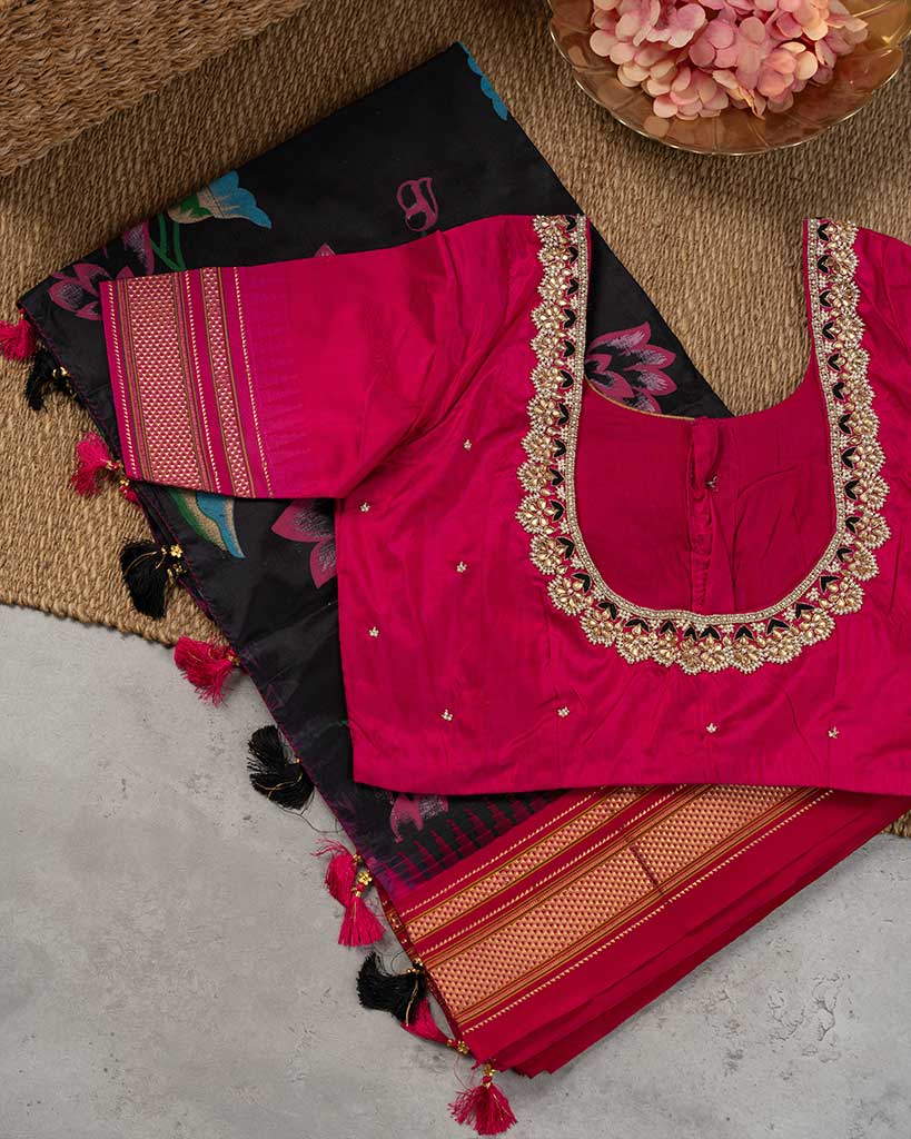 Pichwai Printed Black Irkal Silk Saree with PinkBorders and Pearl Embroidered Pink Blouse | Blouse Size 38-44 | Free Shipping