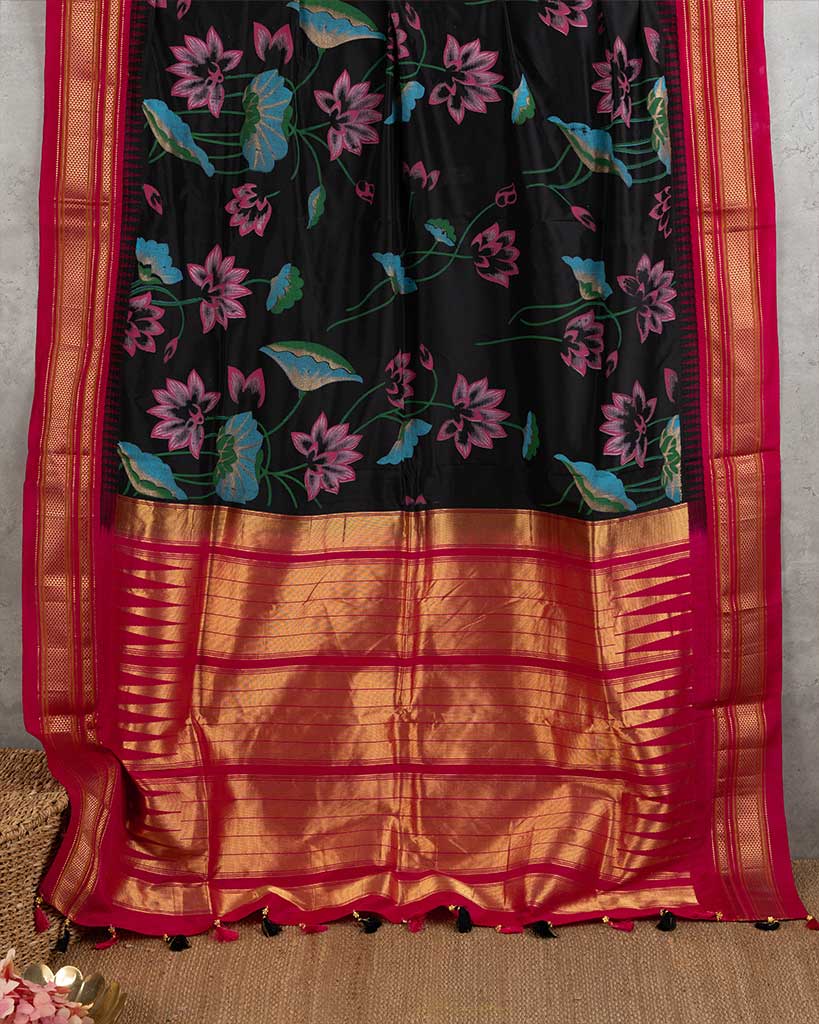 Pichwai Printed Black Irkal Silk Saree with PinkBorders and Pearl Embroidered Pink Blouse | Blouse Size 38-44 | Free Shipping