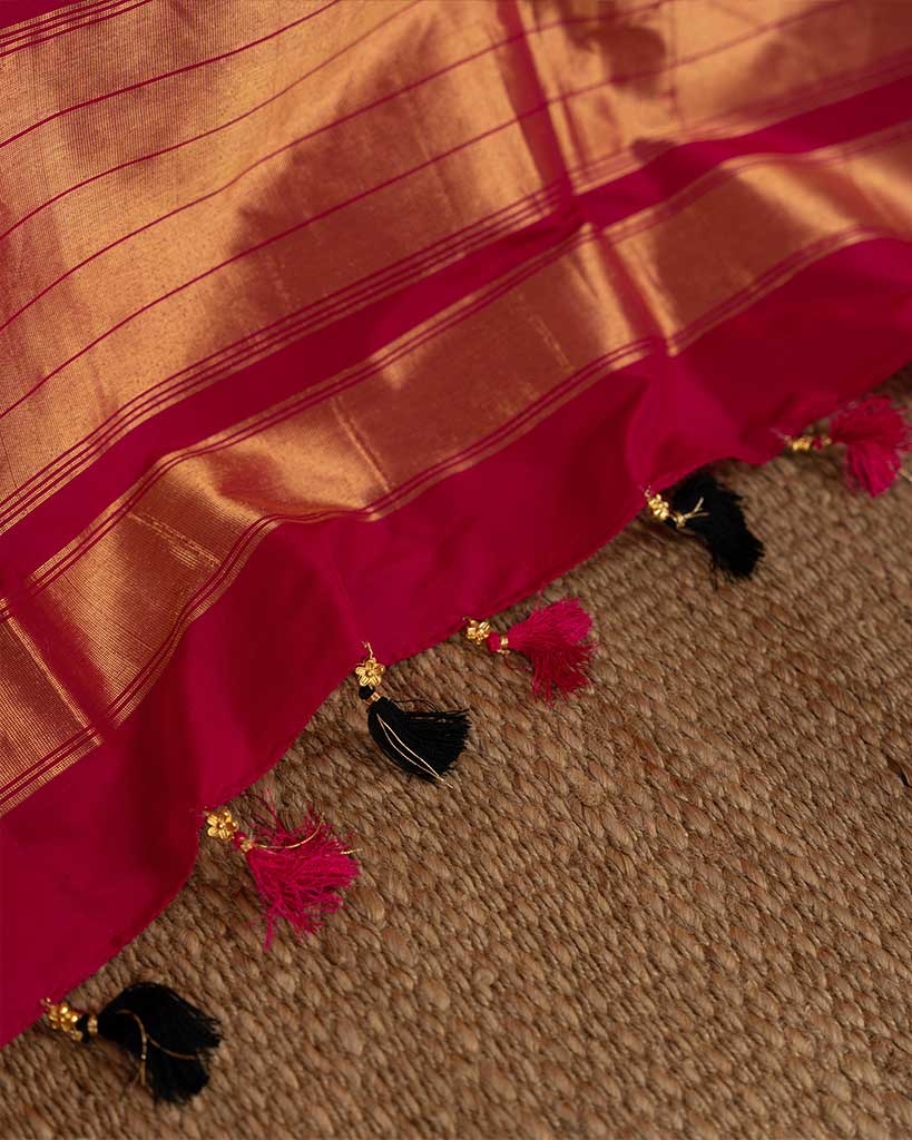 Pichwai Printed Black Irkal Silk Saree with PinkBorders and Pearl Embroidered Pink Blouse | Blouse Size 38-44 | Free Shipping