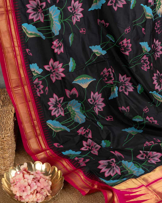 Pichwai Printed Black Irkal Silk Saree with PinkBorders and Pearl Embroidered Pink Blouse | Blouse Size 38-44 | Free Shipping