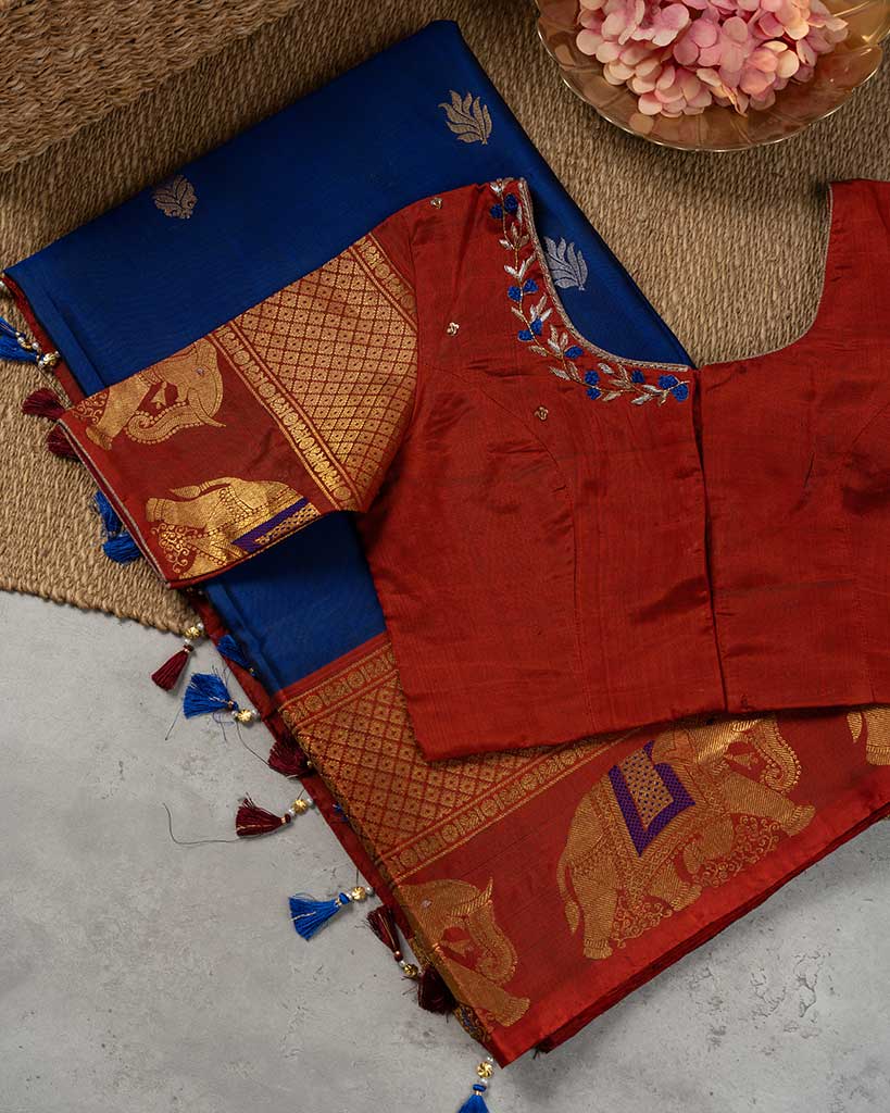 Blue Gadwal Silk Saree with Intricate Elephant Woven Borders, Rudraksha & Peacock woven pallu and Rust color Hand embroidered Blouse | Blouse Size 38-44 | Free Shipping