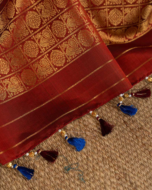 Blue Gadwal Silk Saree with Intricate Elephant Woven Borders, Rudraksha & Peacock woven pallu and Rust color Hand embroidered Blouse | Blouse Size 38-44 | Free Shipping