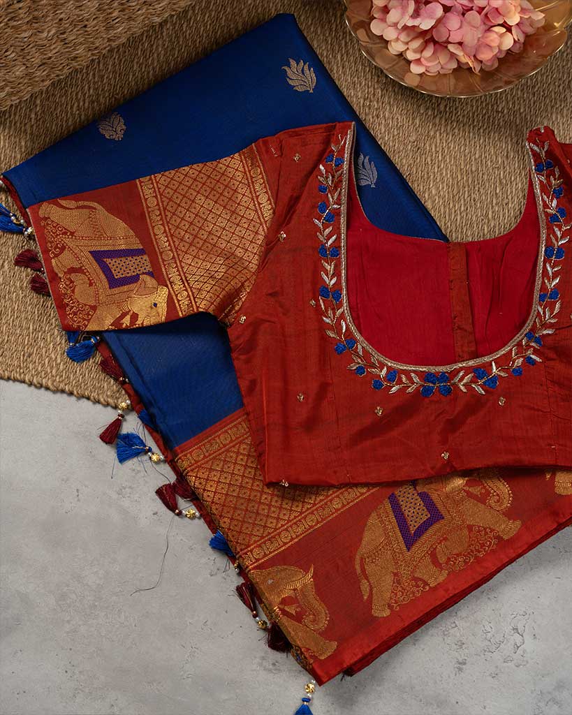 Blue Gadwal Silk Saree with Intricate Elephant Woven Borders, Rudraksha & Peacock woven pallu and Rust color Hand embroidered Blouse | Blouse Size 38-44 | Free Shipping