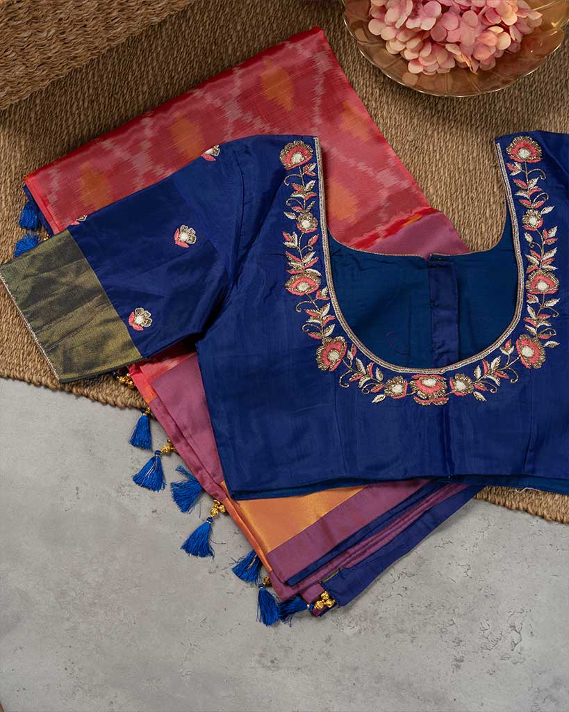 Ikkat Printed Silk Saree with Navy Blue Handwork cutdana work Blouse | Blouse Size 38-44 | Free Shipping