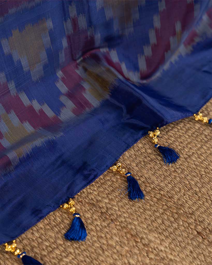 Ikkat Printed Silk Saree with Navy Blue Handwork cutdana work Blouse | Blouse Size 38-44 | Free Shipping