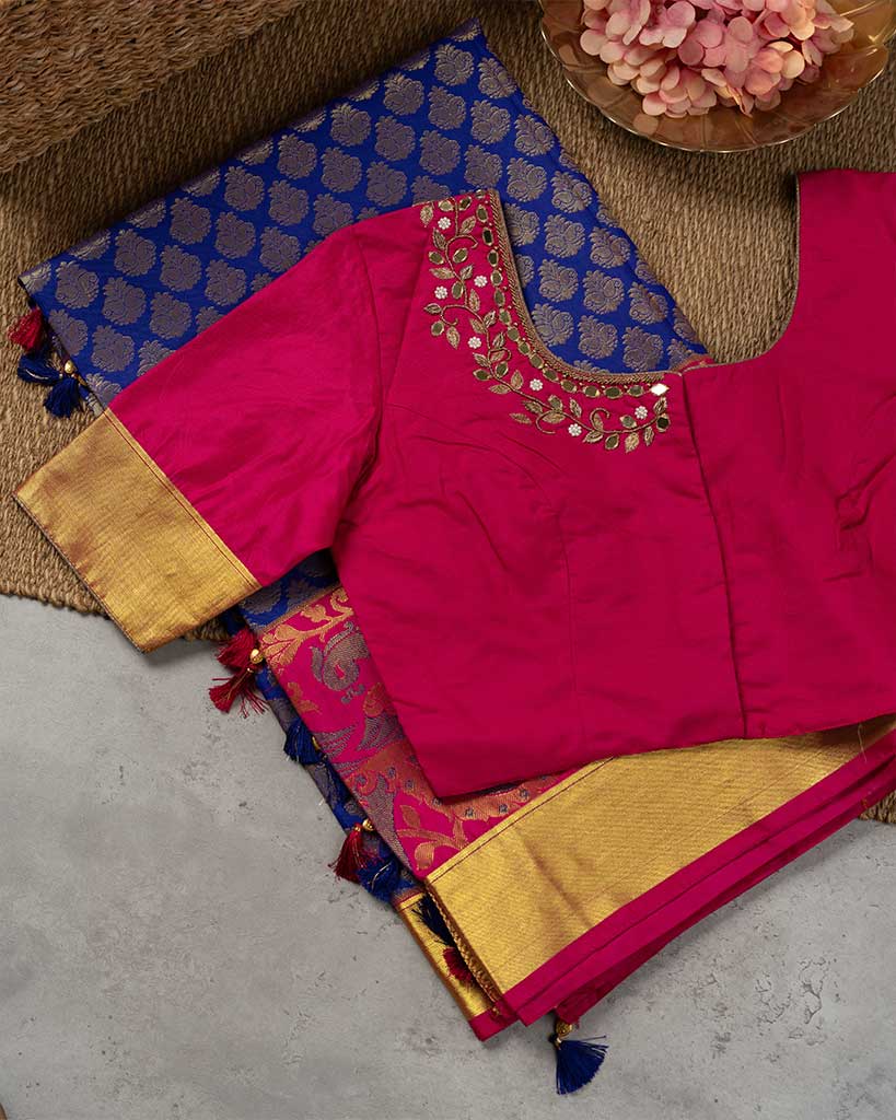 Powerloom Brocade Kanchipuram Saree And Stitched Blouse In Size | Blouse Size 38-44 | Free Shipping