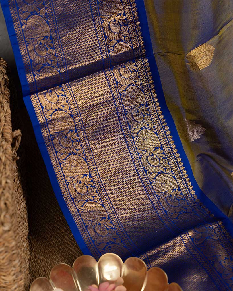 Very Unique Snuff and Blue Kanchipuram Silk Saree with Blue Handwork Blouse | Blouse Size 38-44 | Free Shipping