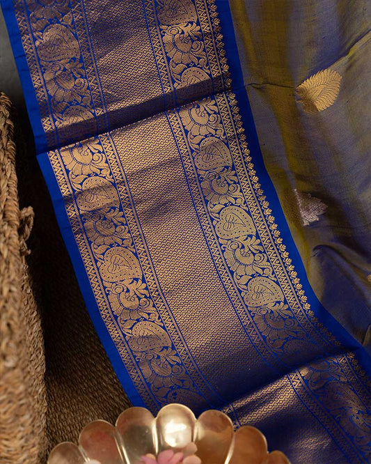Very Unique Snuff and Blue Kanchipuram Silk Saree with Blue Handwork Blouse | Blouse Size 38-44 | Free Shipping