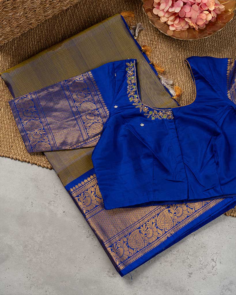 Very Unique Snuff and Blue Kanchipuram Silk Saree with Blue Handwork Blouse | Blouse Size 38-44 | Free Shipping