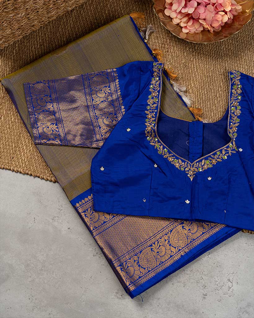 Very Unique Snuff and Blue Kanchipuram Silk Saree with Blue Handwork Blouse | Blouse Size 38-44 | Free Shipping