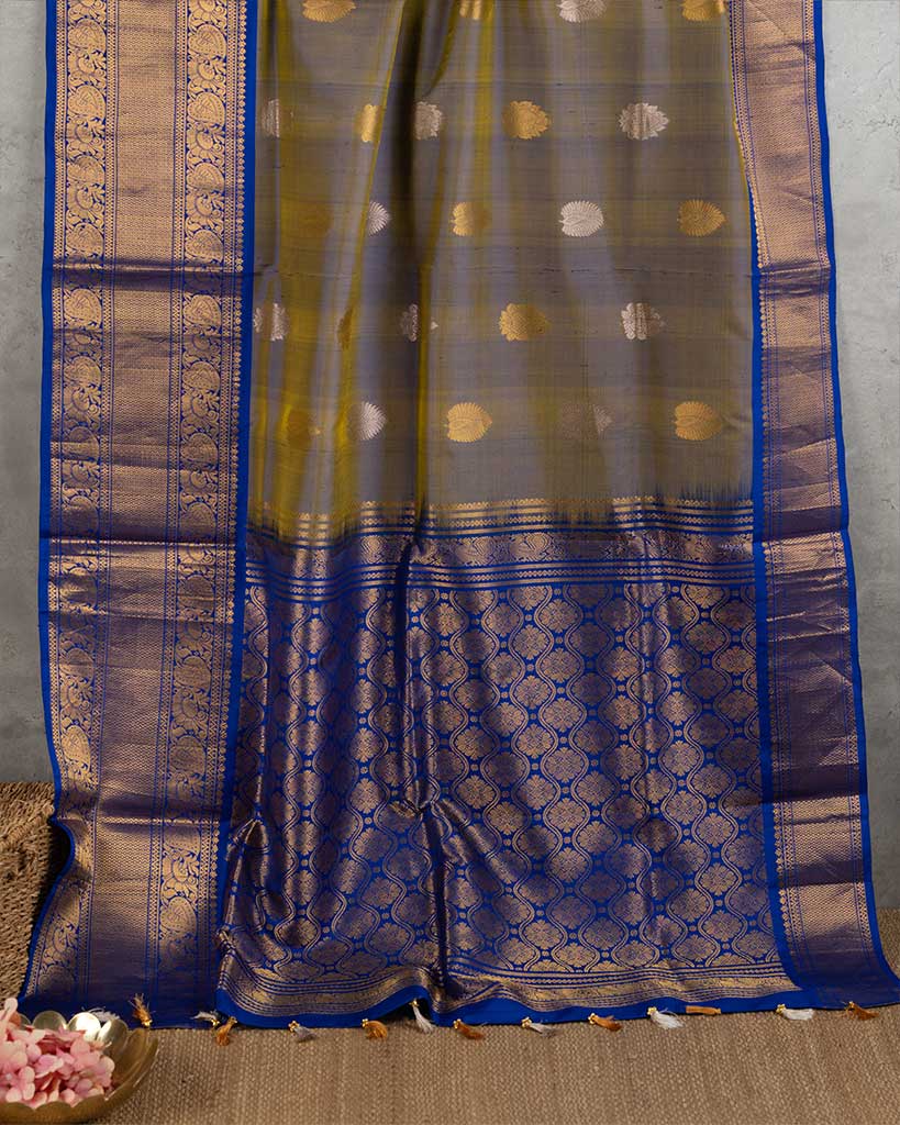 Very Unique Snuff and Blue Kanchipuram Silk Saree with Blue Handwork Blouse | Blouse Size 38-44 | Free Shipping