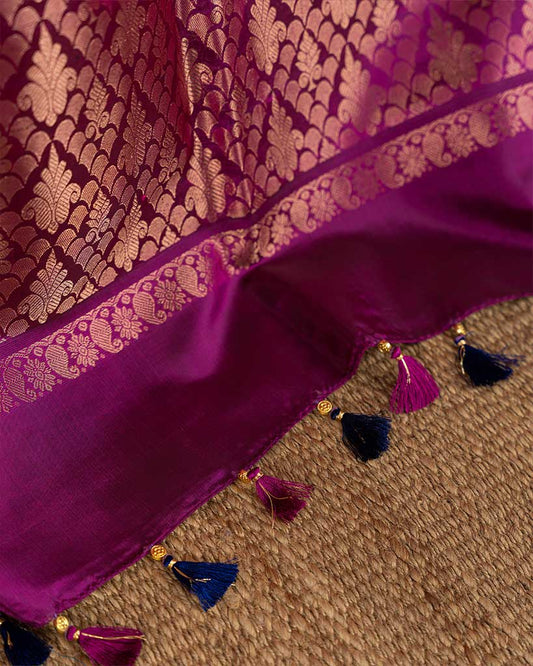 Royal Blue and Purple Kanchipuram Silk Saree with 1000 Butties motiffs and Handwork Blouse | Blouse Size 38-44 | Free Shipping