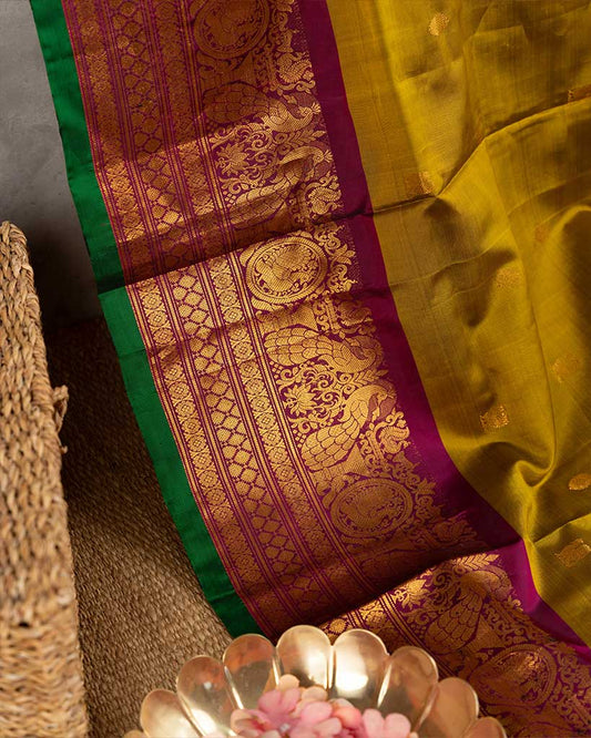 Mustard Gadwal Pure Silk with Uniquely crafted Peacock and Lotus Borders in Purple and Hand Embroidered Blouse | Blouse Size 38-44 | Free Shipping