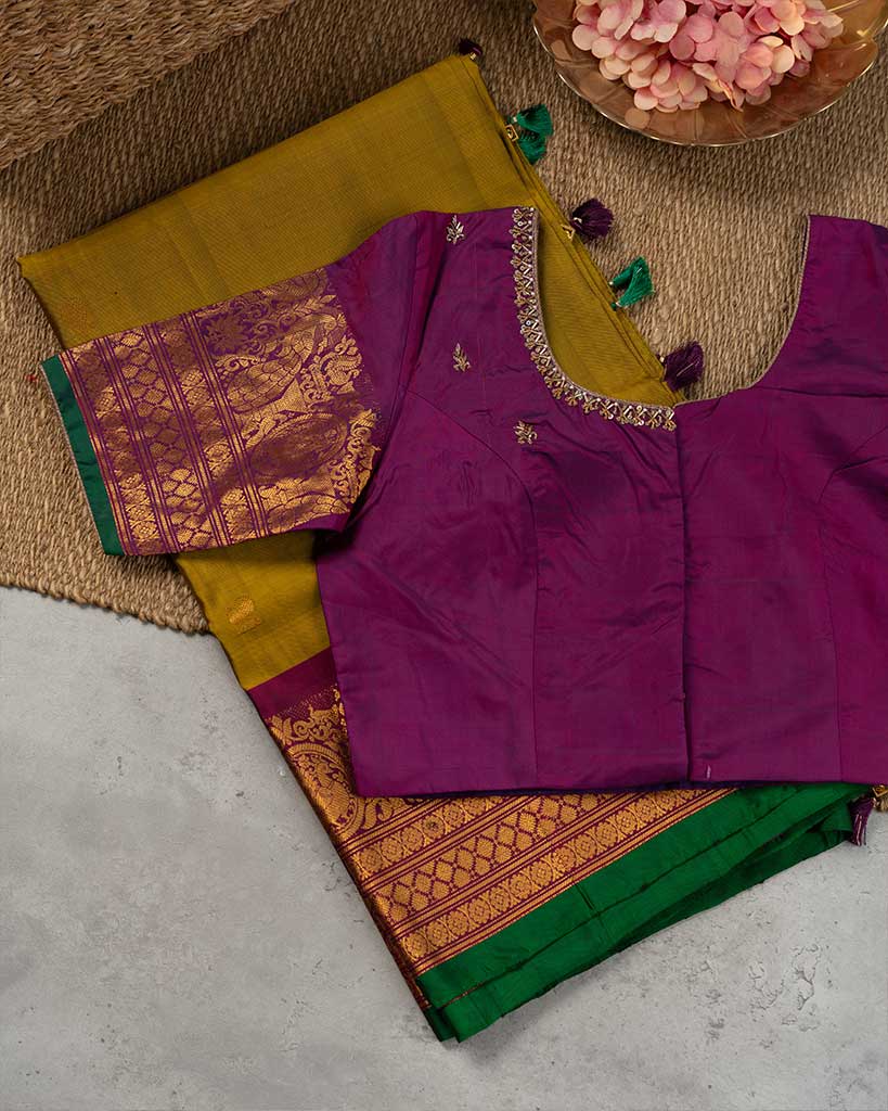 Mustard Gadwal Pure Silk with Uniquely crafted Peacock and Lotus Borders in Purple and Hand Embroidered Blouse | Blouse Size 38-44 | Free Shipping