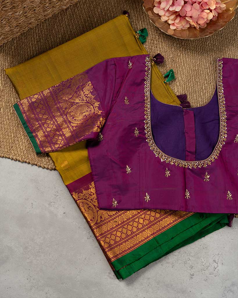 Mustard Gadwal Pure Silk with Uniquely crafted Peacock and Lotus Borders in Purple and Hand Embroidered Blouse | Blouse Size 38-44 | Free Shipping