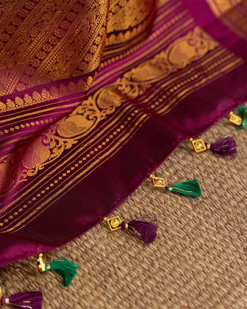 Mustard Gadwal Pure Silk with Uniquely crafted Peacock and Lotus Borders in Purple and Hand Embroidered Blouse | Blouse Size 38-44 | Free Shipping