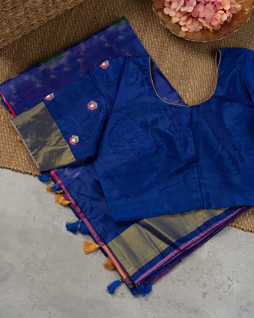 Dark Pink Ikkat Printed Silk Saree with Blue Handwork Blouse | Blouse Size 38-44 | Free Shipping