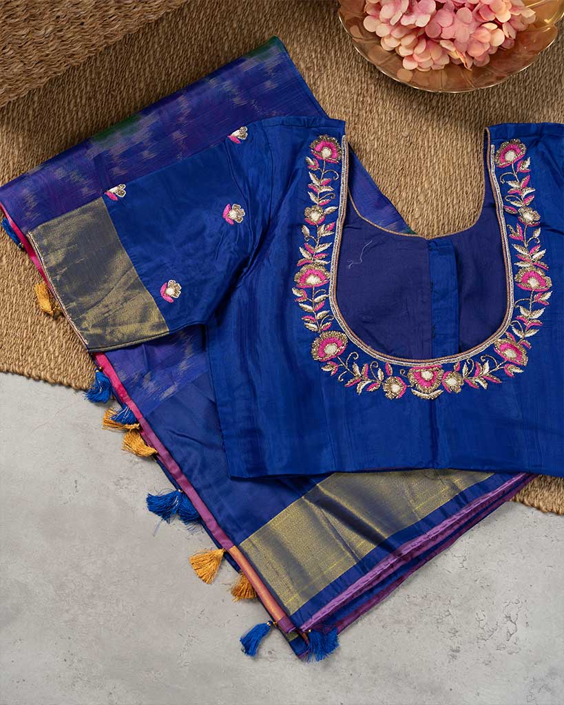 Dark Pink Ikkat Printed Silk Saree with Blue Handwork Blouse | Blouse Size 38-44 | Free Shipping