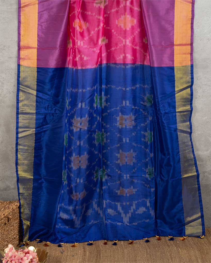 Dark Pink Ikkat Printed Silk Saree with Blue Handwork Blouse | Blouse Size 38-44 | Free Shipping
